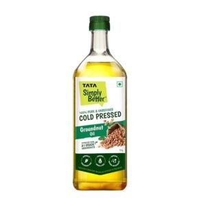 Tata Simply Better Pure and Unrefined Cold Pressed Groundnut (Peanut) Oil, Kolhu/Kacchi Ghani/Mara Chekku/Ganuga, Naturally Cholesterol Free, 1L, Groundnut Oil with Rich Aroma & Flavour of Real Groundnuts, For Daily Cooking with Multipurpose Usage, A1 Grade Groundnuts, Purity in Every Drop